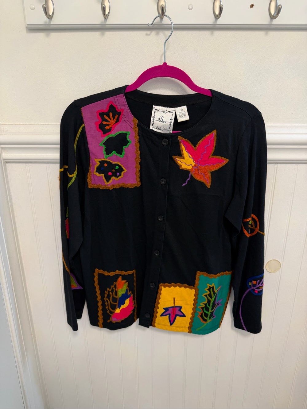 Michael Simon Black Cardigan with Bright Leaf Appliqué